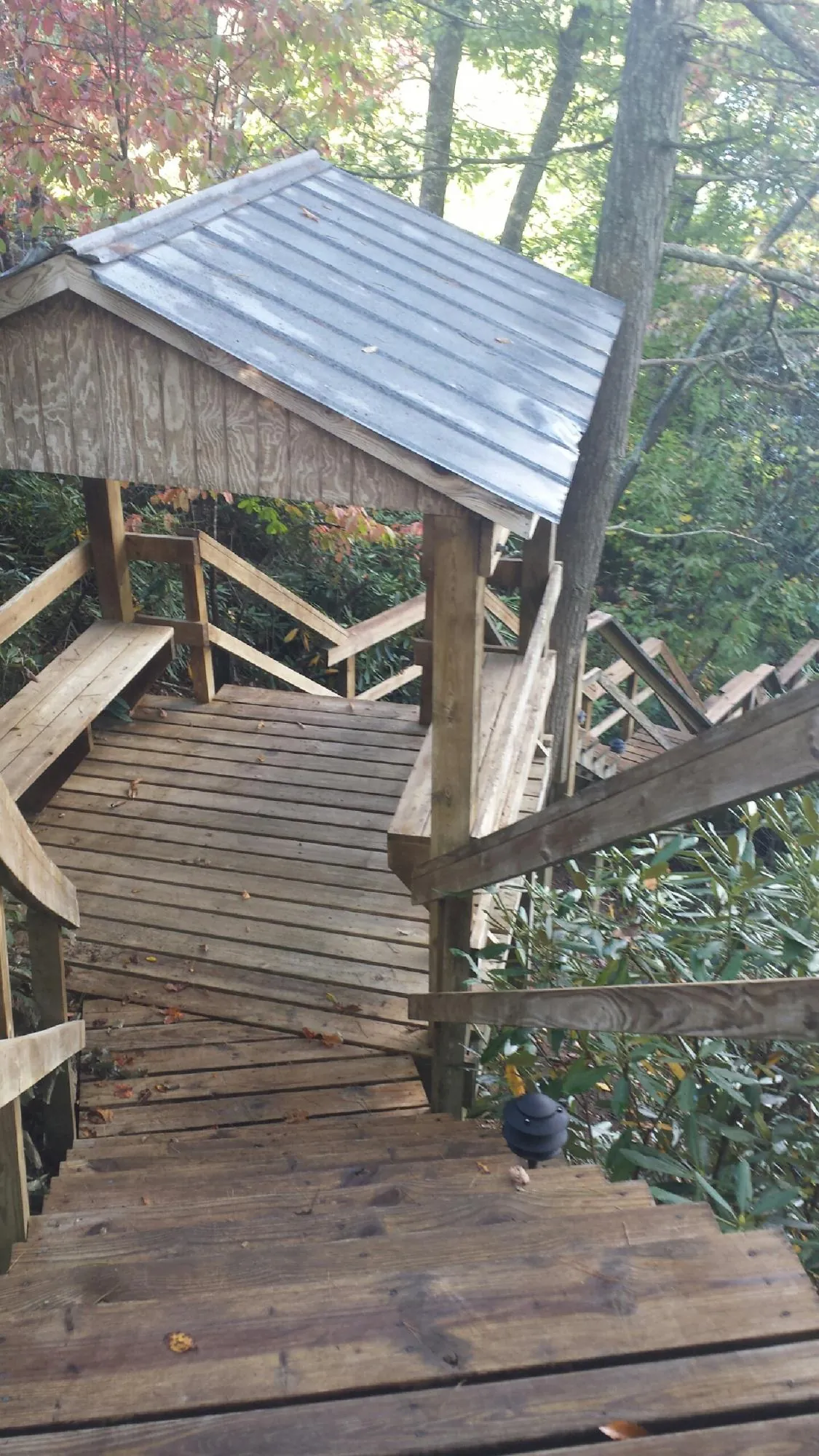 Metal roofed shelter over wooden steps on a wooded walkway — Skylight Repair & Installation work by our crew in Coleharbor